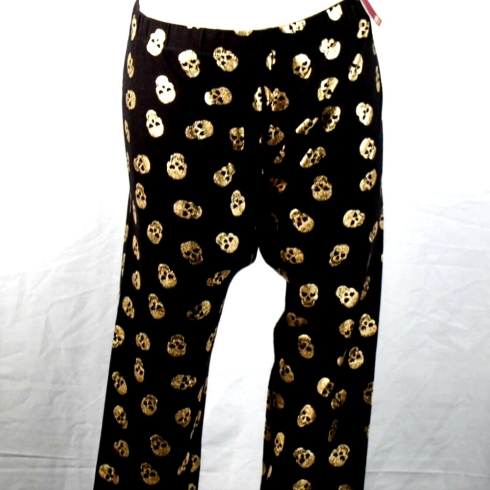 NWT Y2K Black Leggings with Metallic Gold Skulls Size XL Juniors